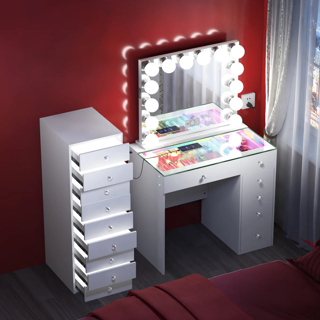 VANITII Mini Diana Vanity Desk with Marilyn Hollywood Vanity Mirror and 9 Drawer Unit
