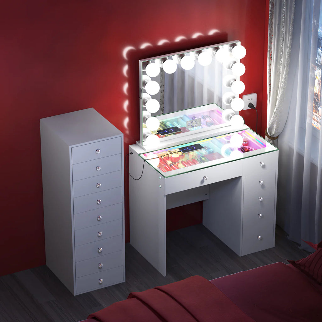 VANITII Mini Diana Vanity Desk with Marilyn Hollywood Vanity Mirror and 9 Drawer Unit