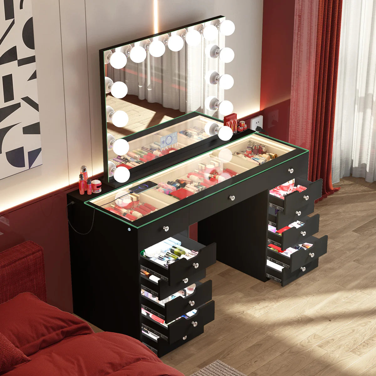 Eva Vanity Desk with Lights and 15 bulbs Vanity Mirror