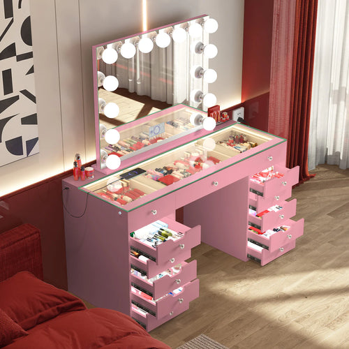 Eva Vanity Desk with Lights and 15 bulbs Vanity Mirror