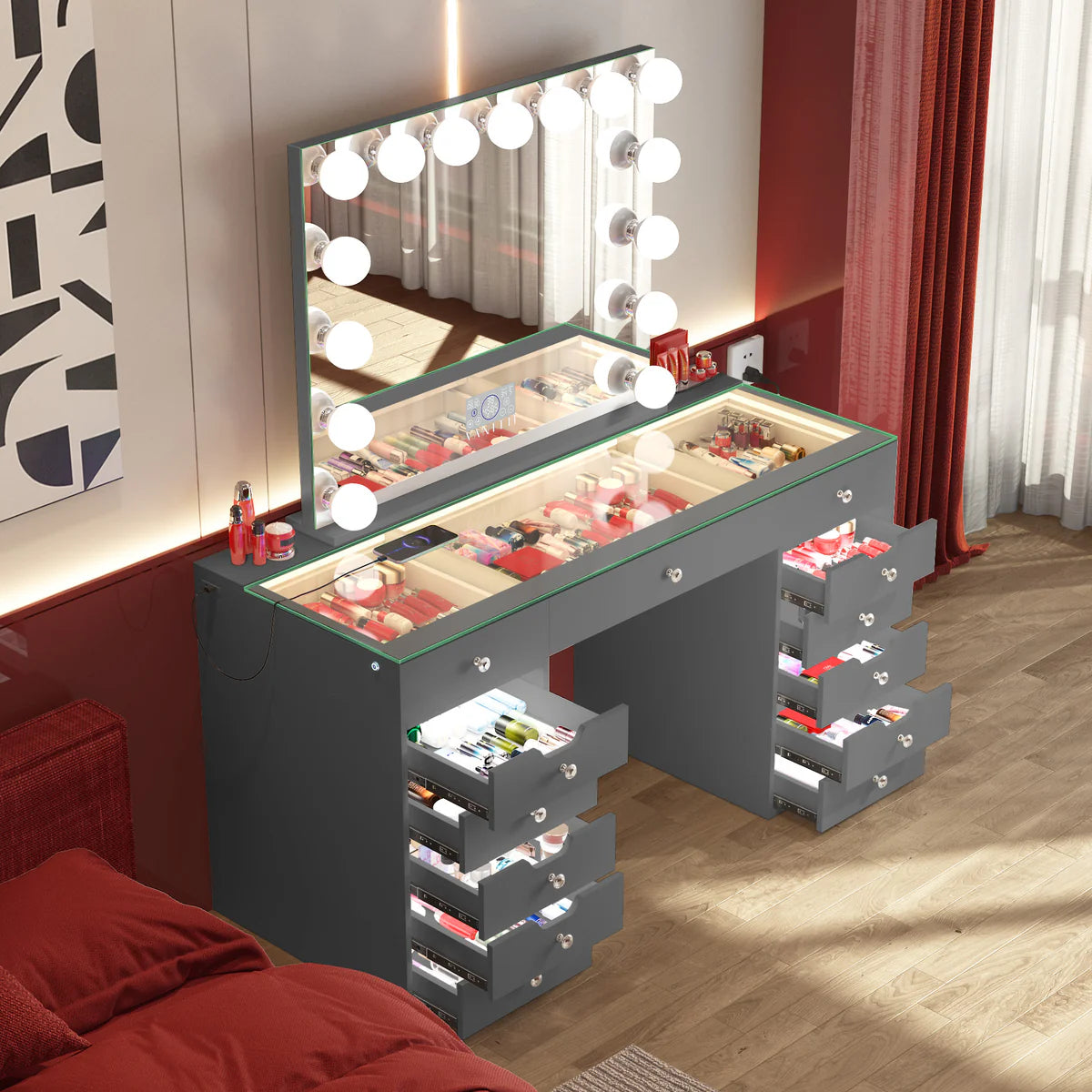Eva Vanity Desk with Lights and 15 bulbs Vanity Mirror