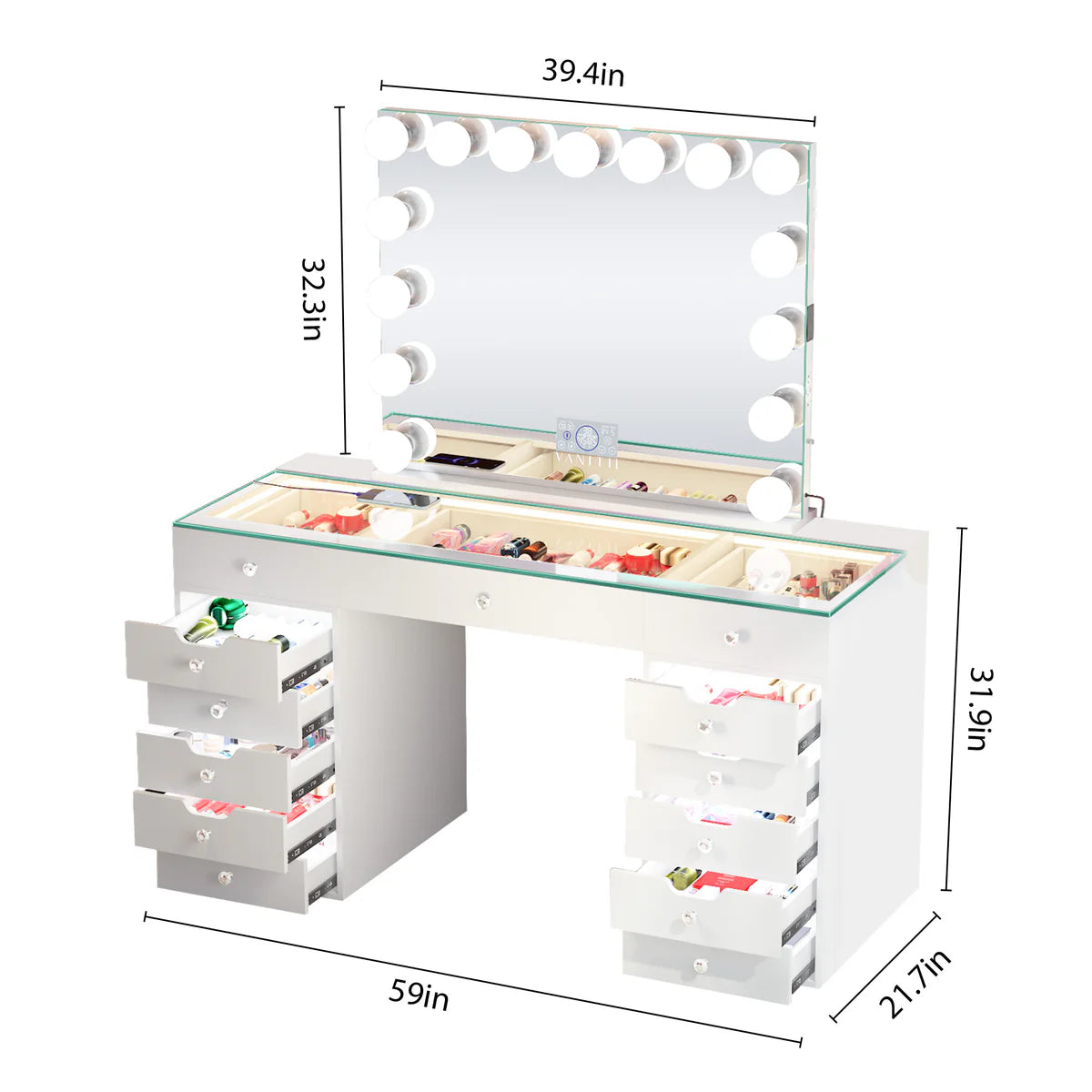 Eva Vanity Desk with Lights and 15 bulbs Vanity Mirror