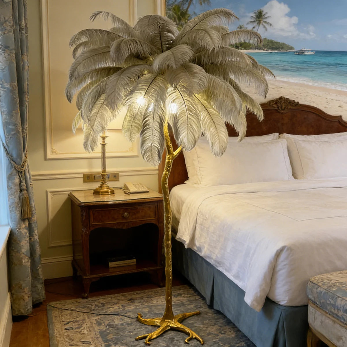 Ostrich Feather Floor Lamp | Golden 4-Light Branch camel color