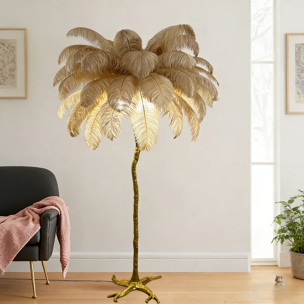 Ostrich Feather Floor Lamp | Golden 4-Light Branch camel color