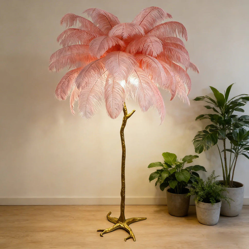 Ostrich Feather Floor Lamp | Golden 4-Light Branch pink