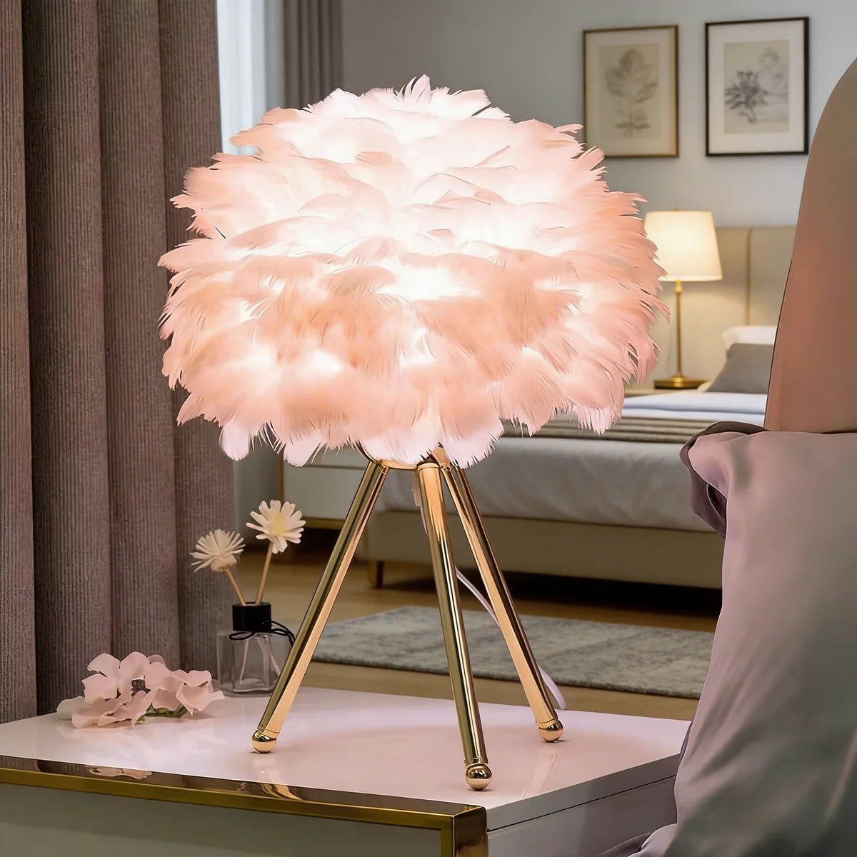 Nordic Feather LED Table Lamp, 3-Color Dimmable Bedside Ambient Light