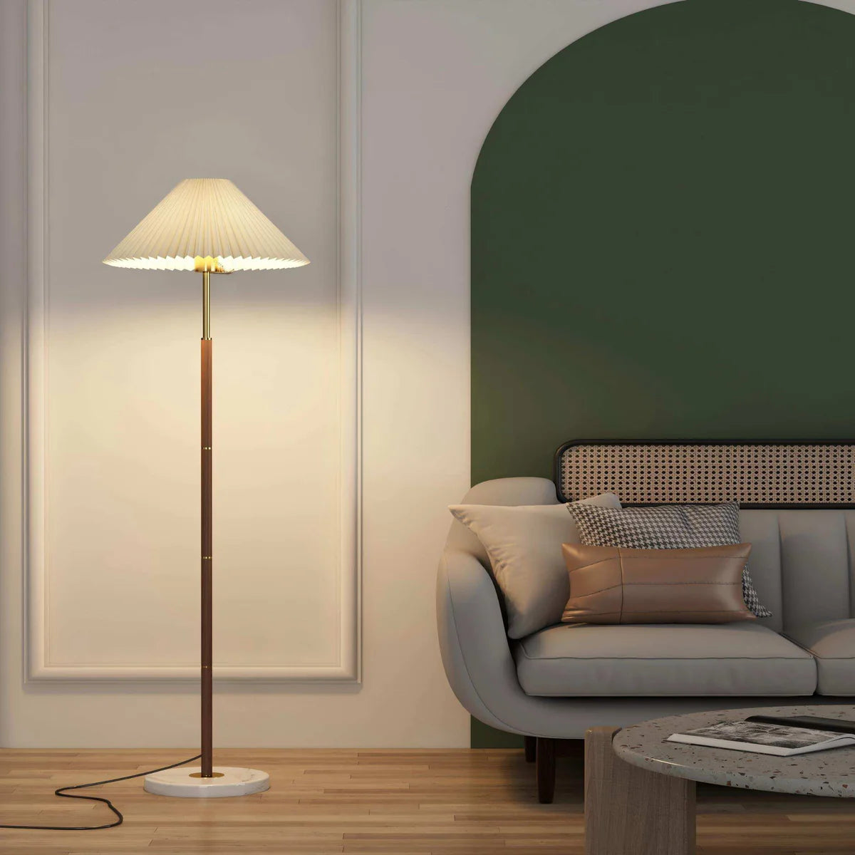 Wood & Gold Pleated Floor Lamp – retro-chic standing light, fits modern or mid-century spaces