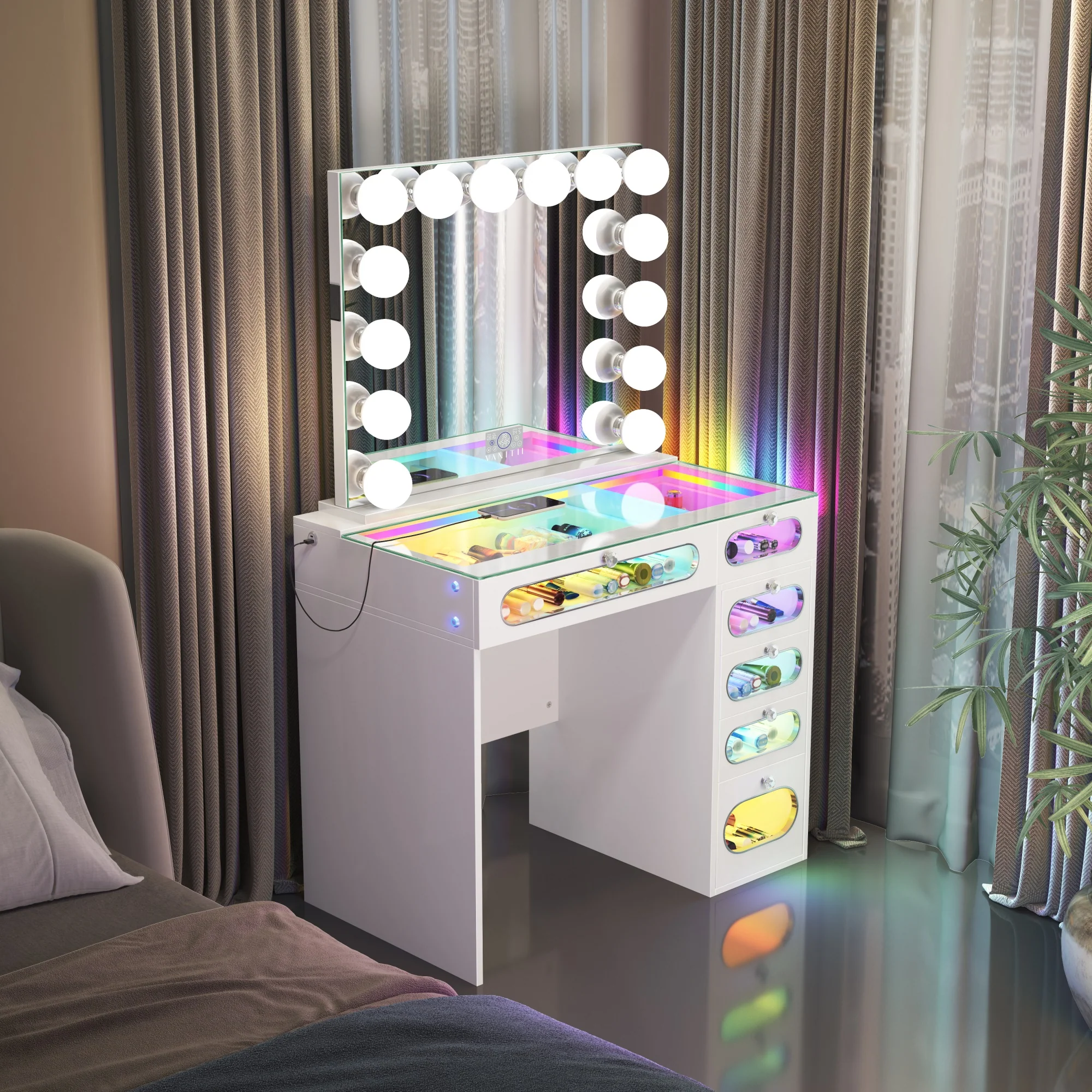 New Release ! VANITII 6 Glass Fronted Drawers Vanity Desk with Marilyn Vanity Mirror