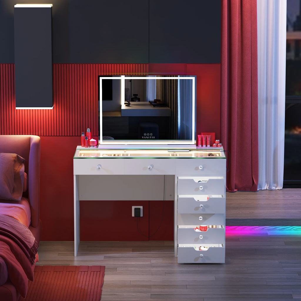 VANITII Diana Vanity Desk with light - 8 Storage Drawers