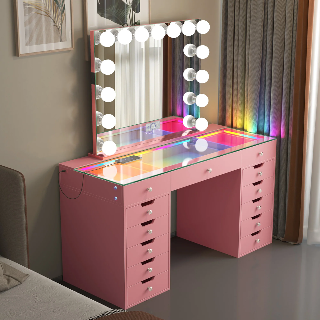 VANITII Eva-RGB Vanity Desk Set with 13 Storage Drawers and 15 Bulbs Light Mirror