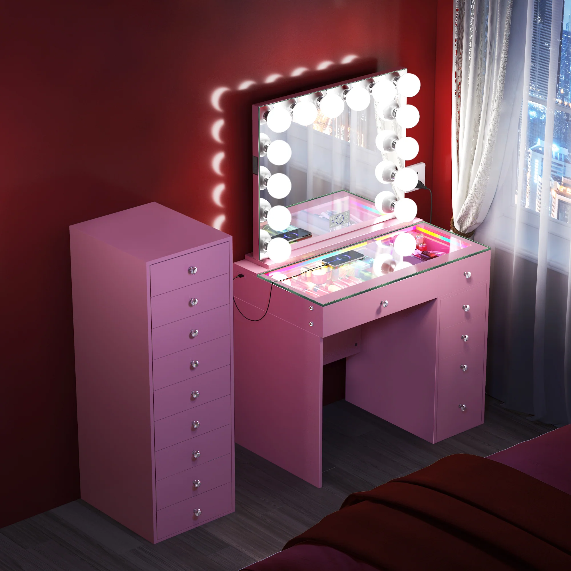 VANITII Mini Diana Vanity Desk with Marilyn Hollywood Vanity Mirror and 9 Drawer Unit