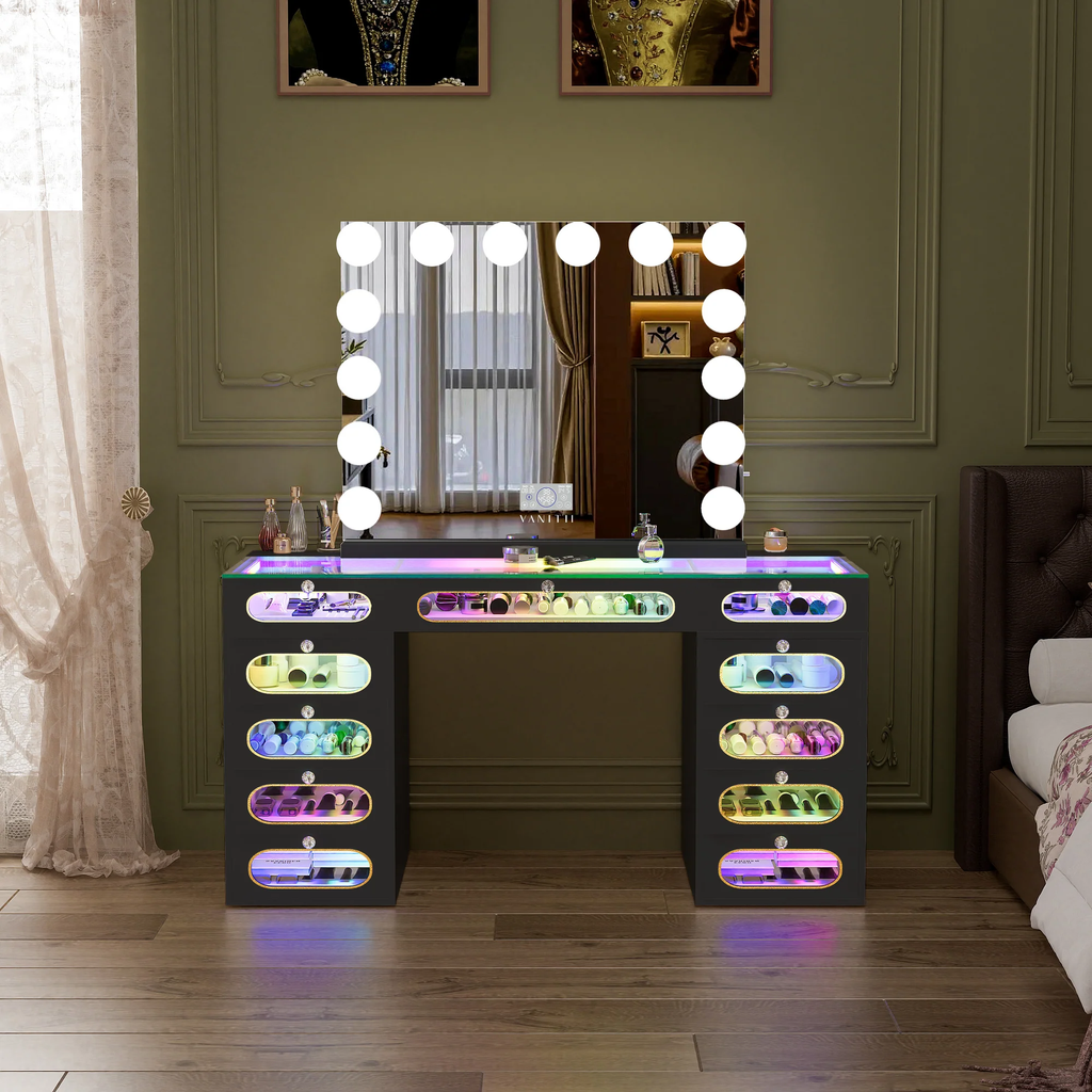 New Release ! VANITII Priscilla Vanity Desk-11 Glass Fronted Drawers Vanity Set