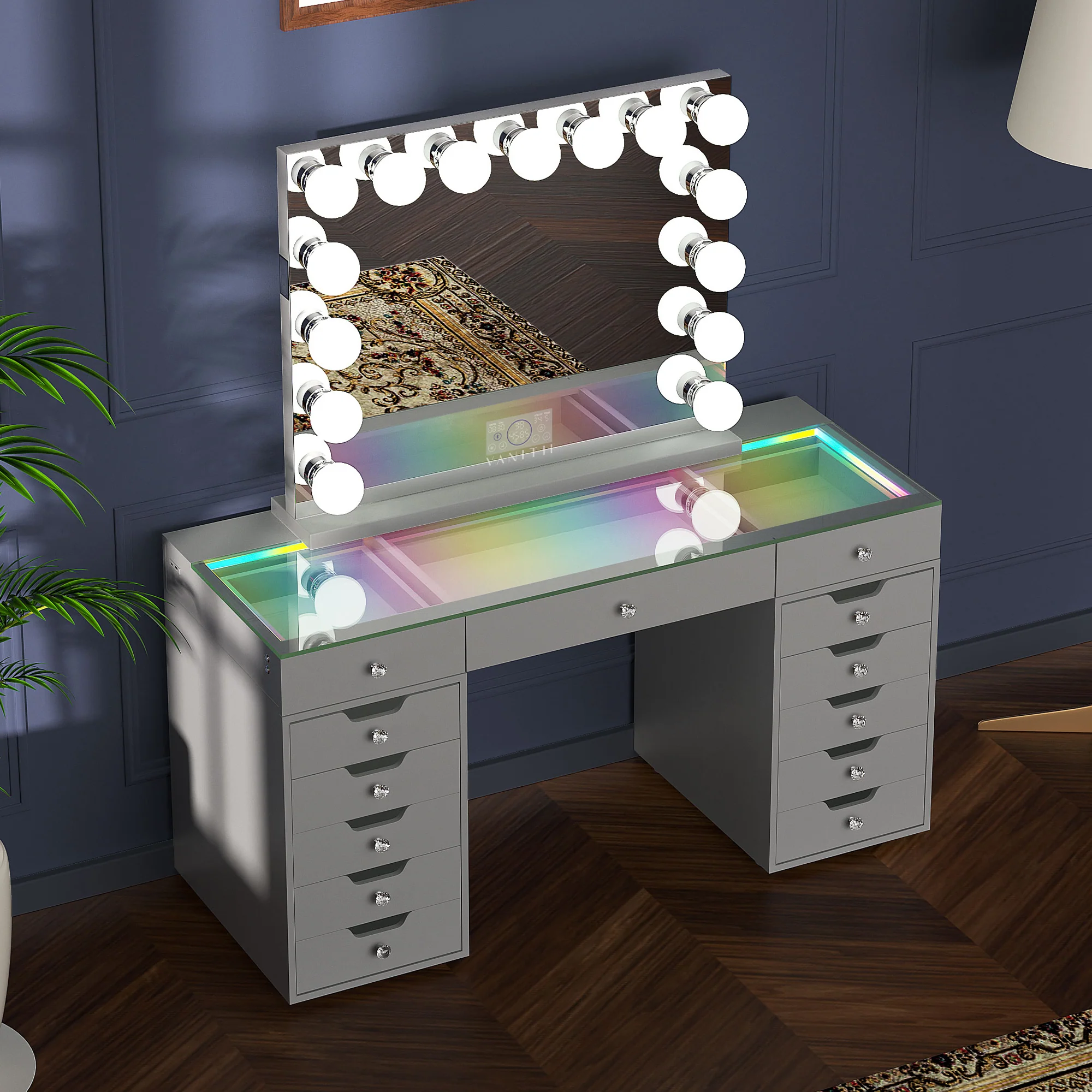 VANITII Eva-RGB Vanity Desk Set with 13 Storage Drawers and 15 Bulbs Light Mirror