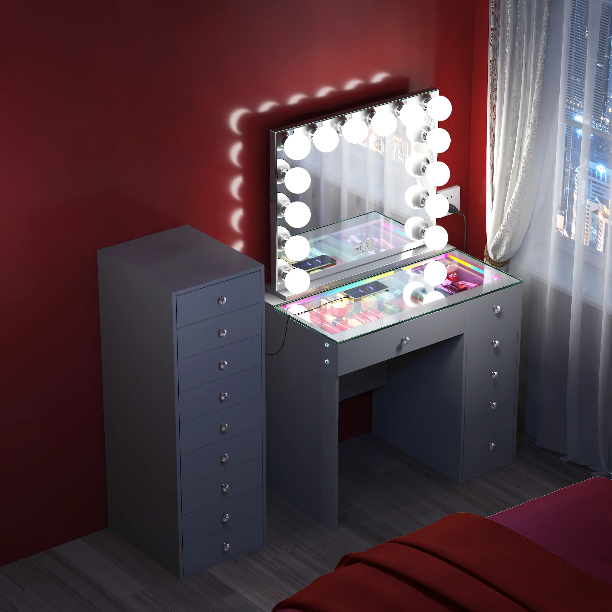 VANITII Mini Diana Vanity Desk with Marilyn Hollywood Vanity Mirror and 9 Drawer Unit