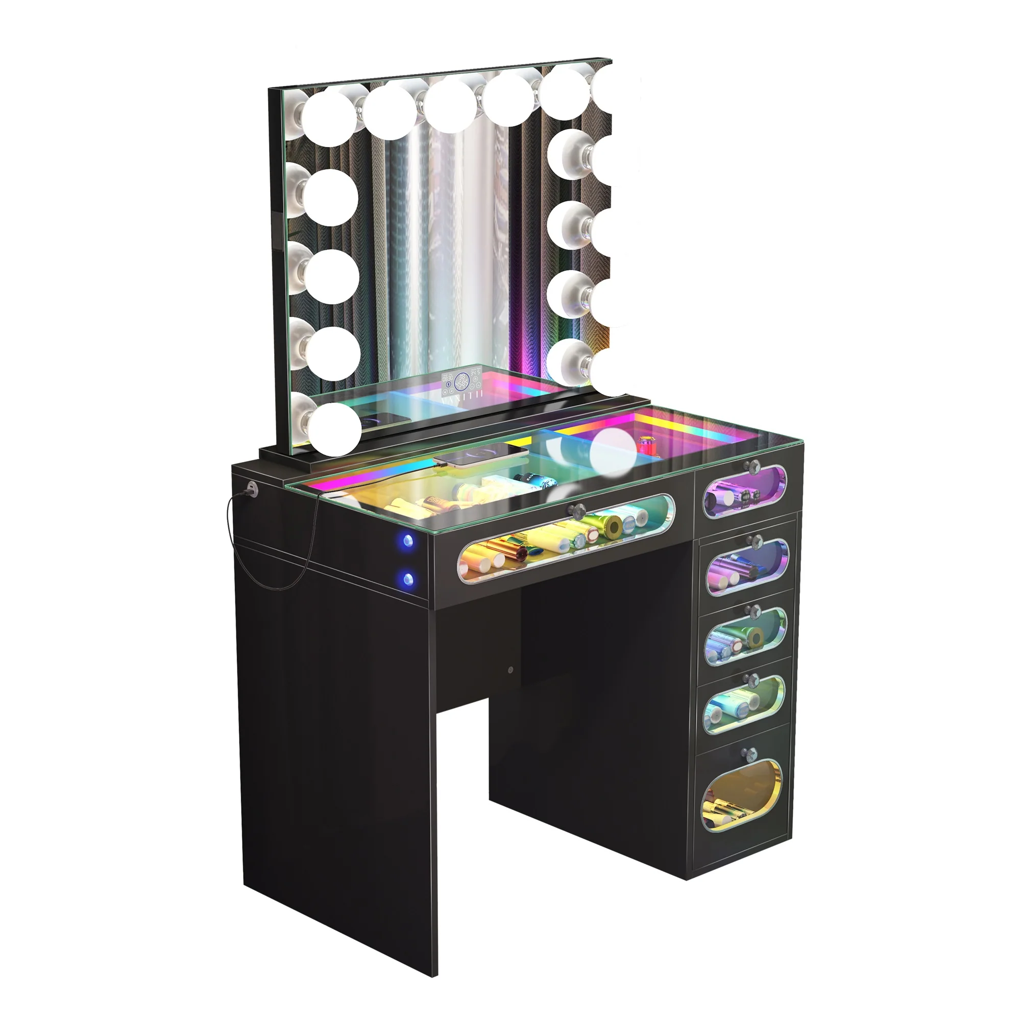 New Release ! VANITII 6 Glass Fronted Drawers Vanity Desk with Marilyn Vanity Mirror